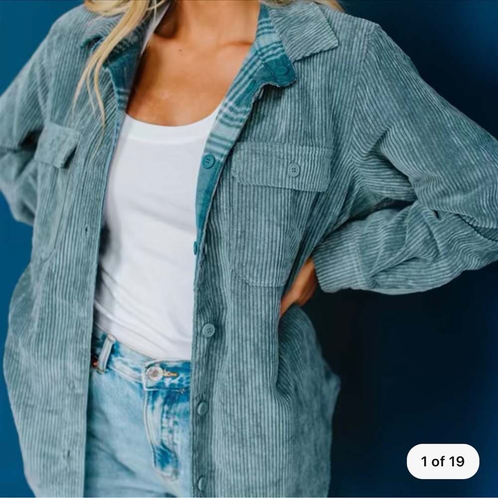Corduroy Plaid reversible shacket blue